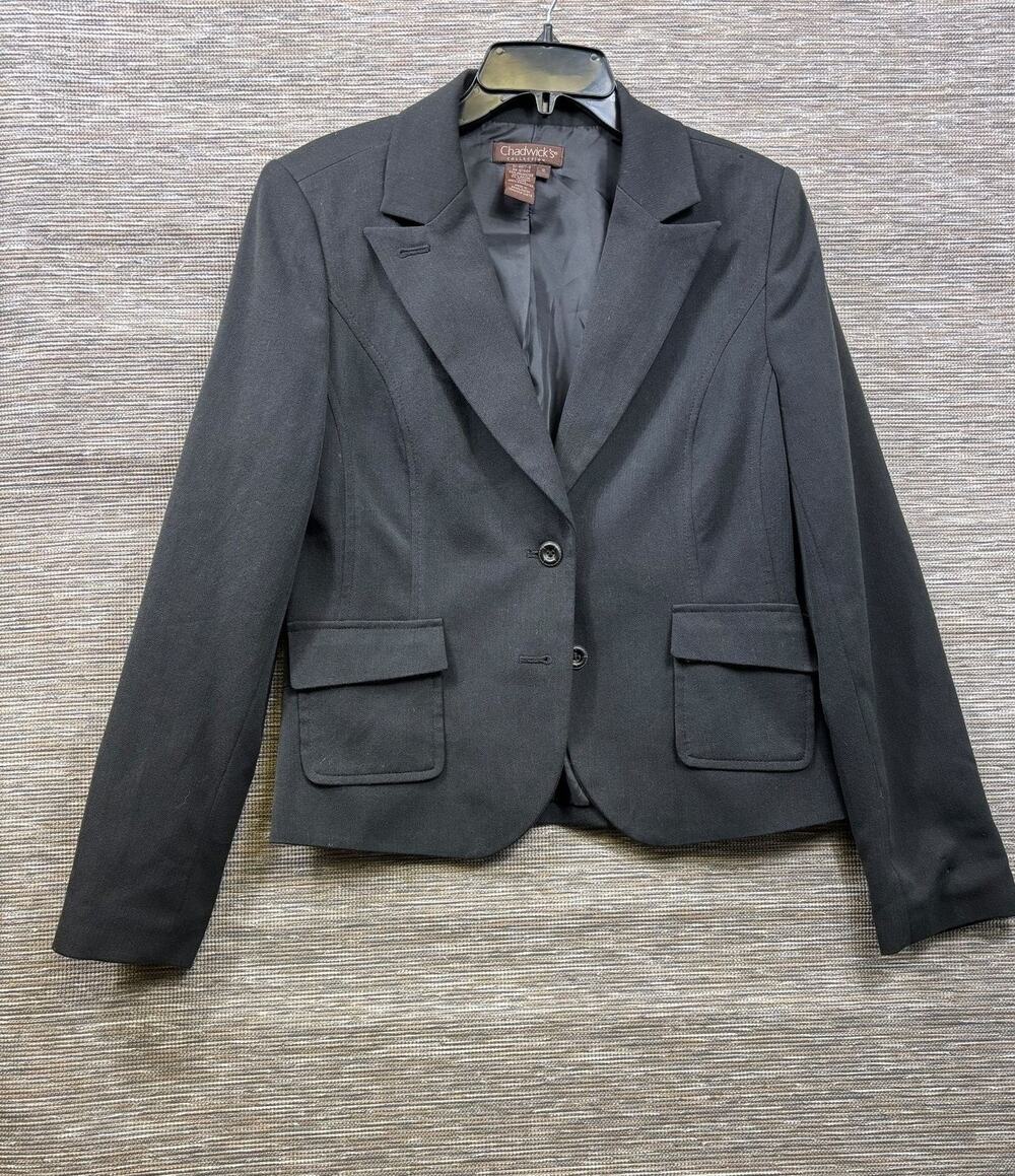 Chadwicks Blazer Jacket Womens 12 Black Two Button Lined Stretch Career Office